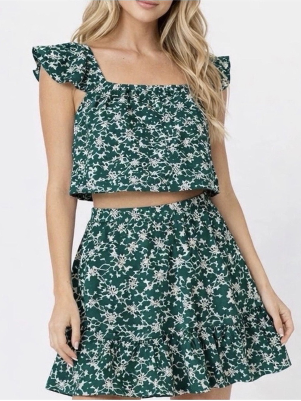 Green Floral Mini Skirt with Ruffle Hem - Women's Summer Skirt